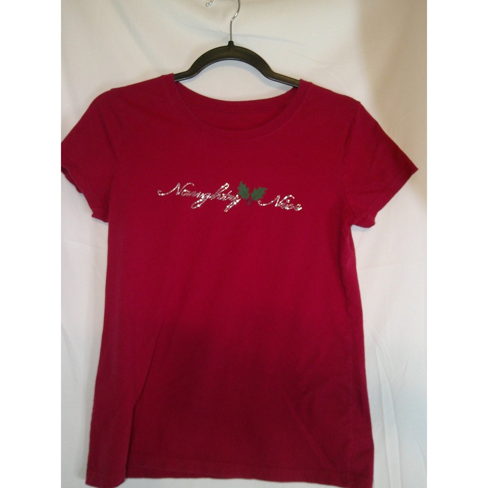 Naughty Nice Christmas Holiday T Shirt Top Womens Red Rhinestone Short Sleeve Sm